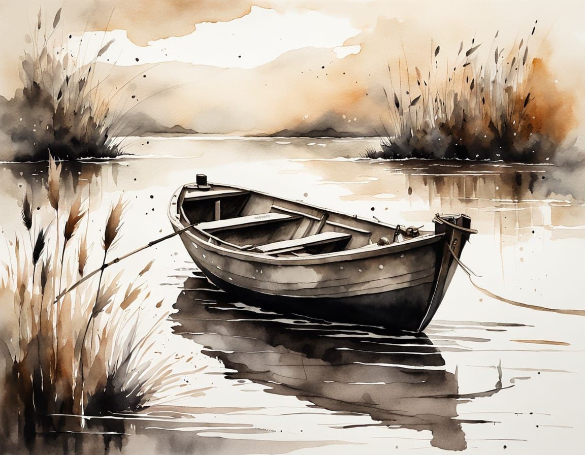 Small Boat on Water in Watercolor with Ink