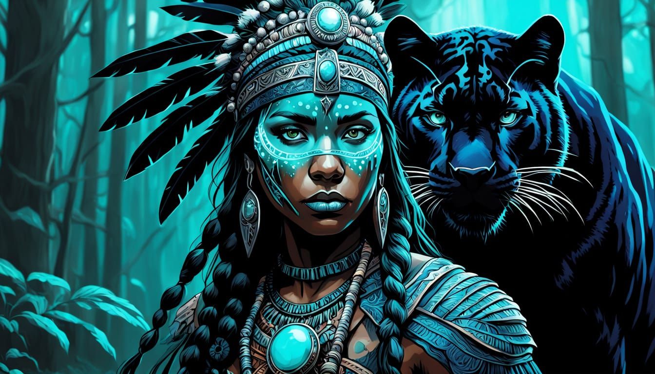 Mystical Native American Warrior Woman and Panther