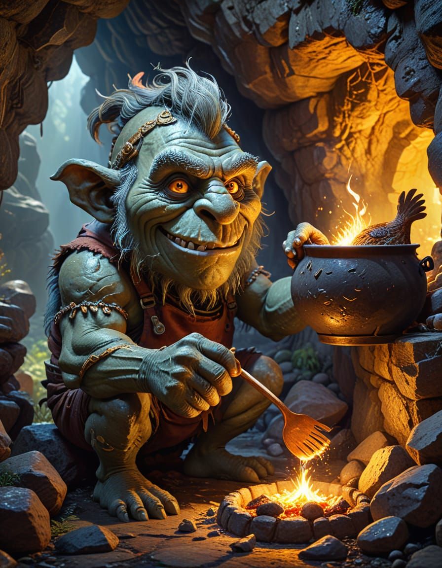 Stone Troll Cooking Chicken in Cave: Digital Art