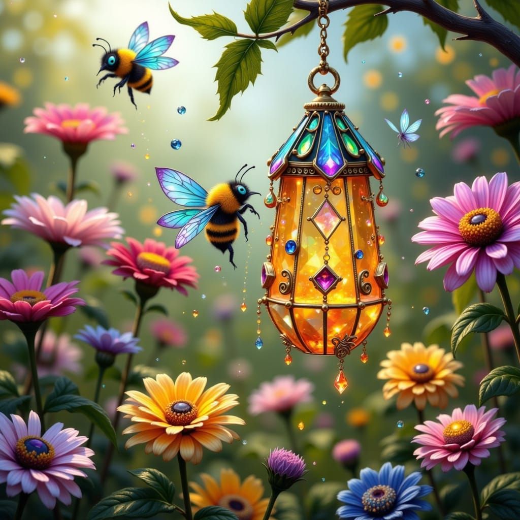 Whimsical Crystal Bees Amidst Vibrant Zinnias in Sunlit Mead...