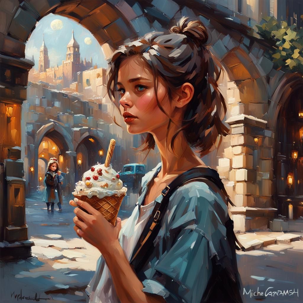 A super adorable girl with ice cream in a stone arch on the dark streets of a mystical city with a modern hairstyle. the...