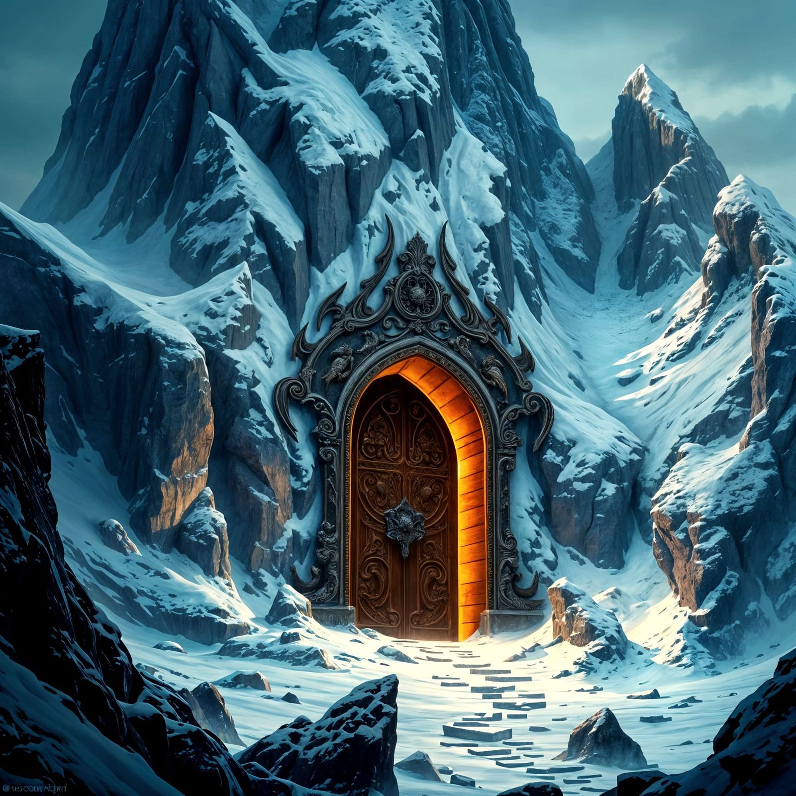 Ornate Mountain Door Reveals Warm Light