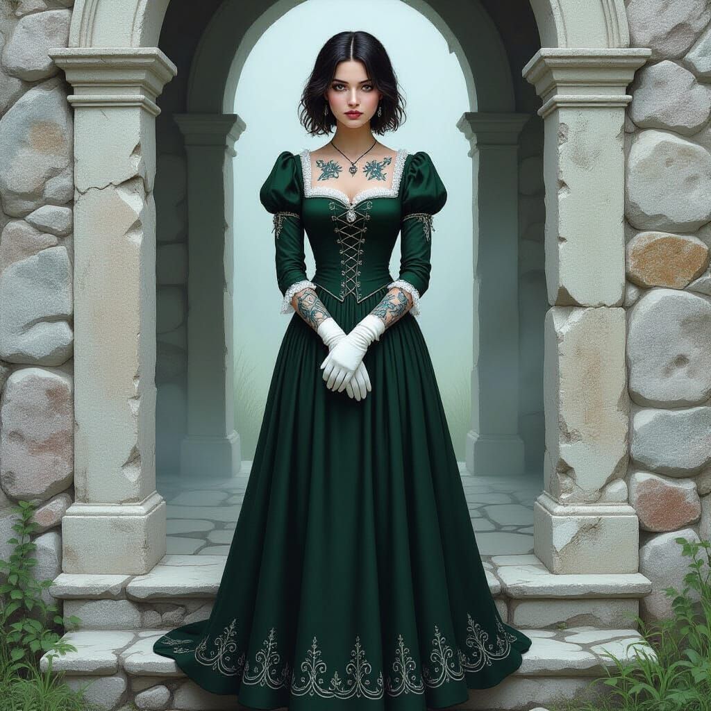 Noblewoman in Medieval Dress with Tattoos and Gloves