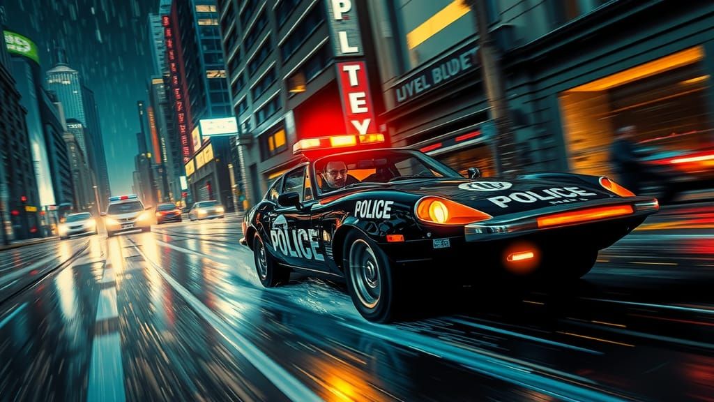 Futuristic Police Car Chase in Noir Style