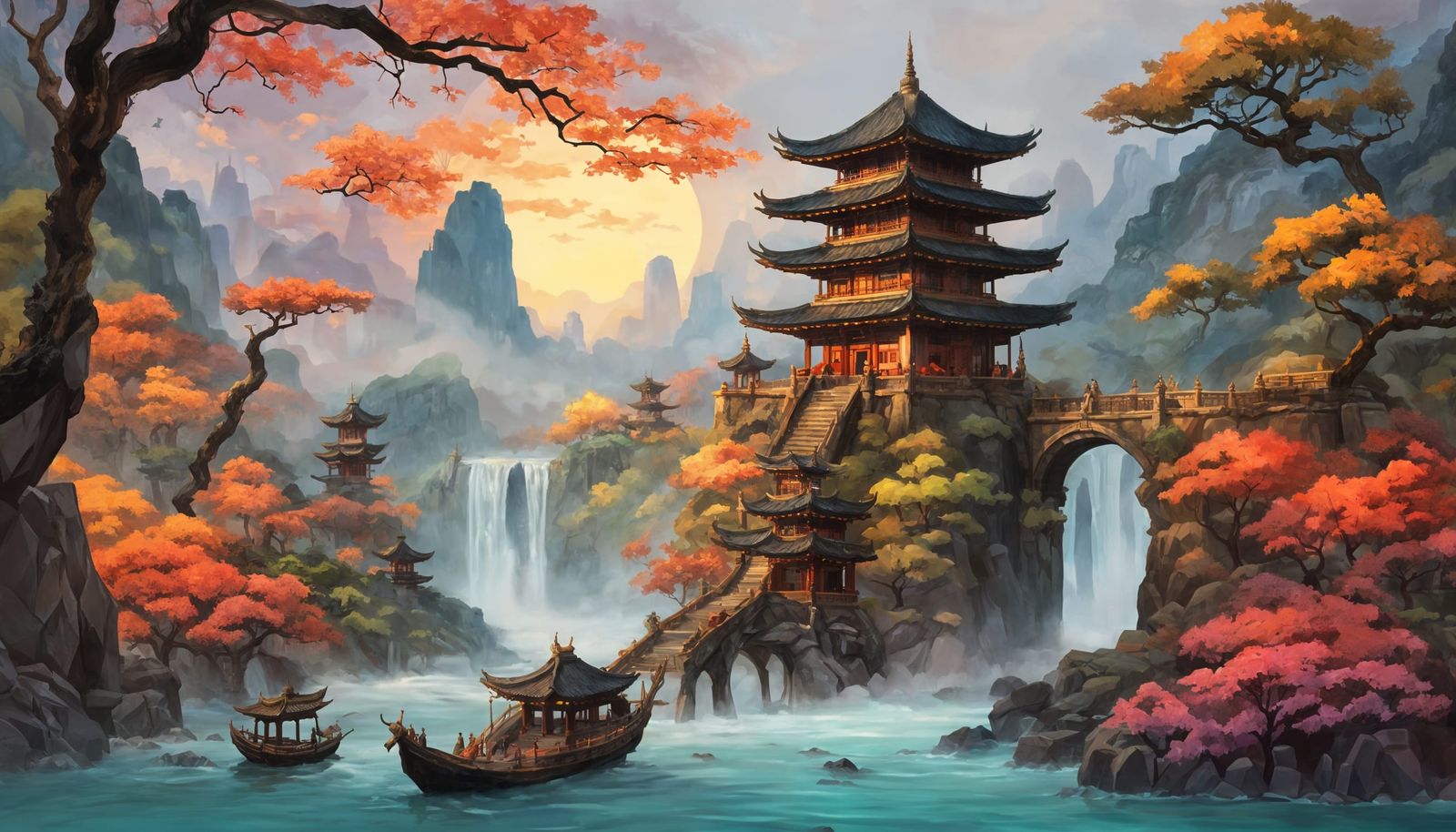 Surreal East Asian Pagoda Landscape in Painterly Style