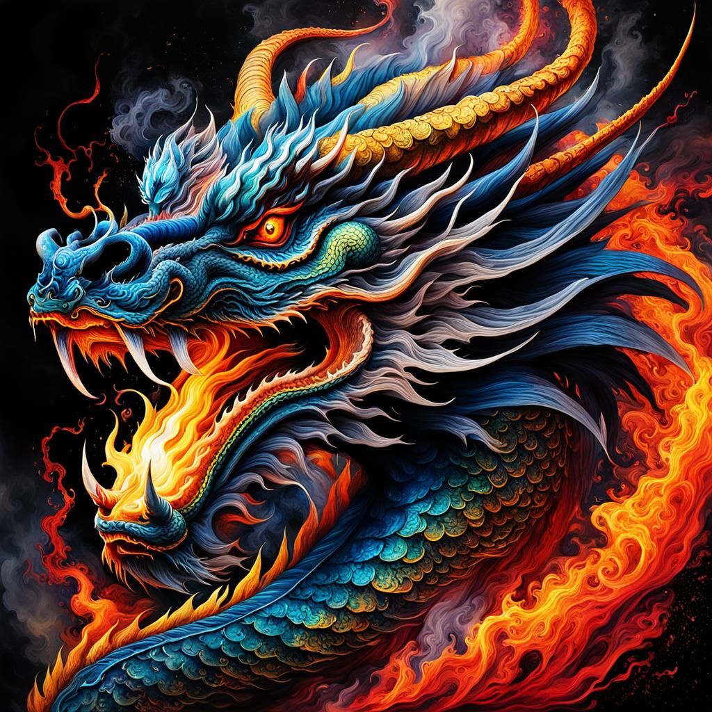 Dynamic Chinese Dragon in Fiery Aquarelle Style