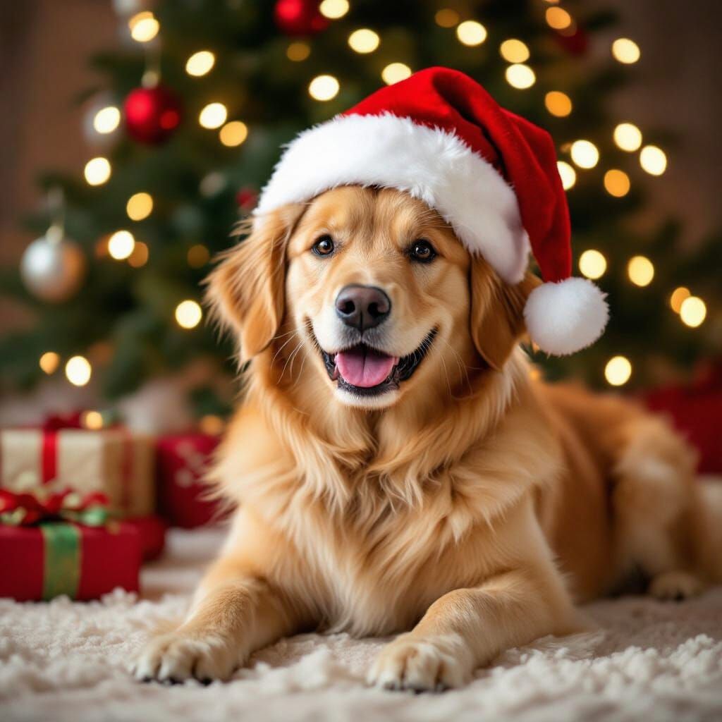 Golden Retriever by Christmas Tree in Warm Light