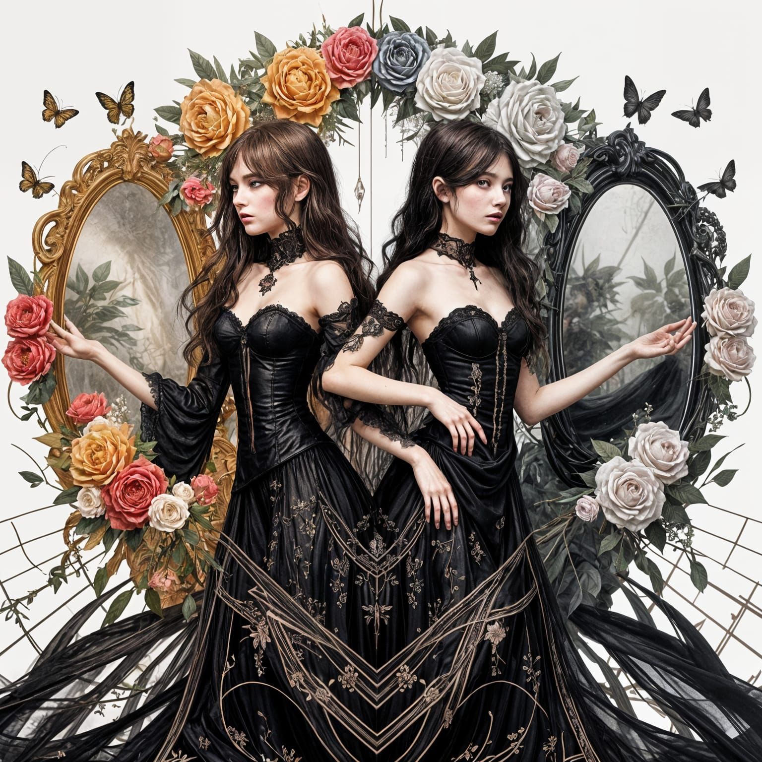 Gothic Women in Black Dresses with Mirror