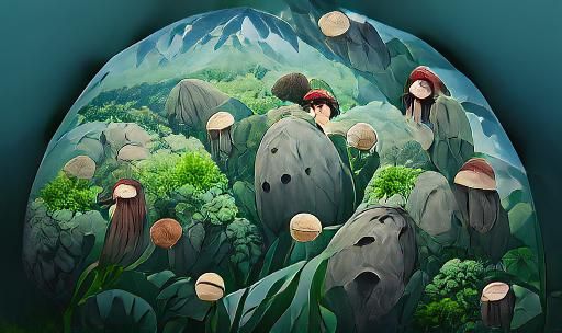 Mushroom Planet in Ghibli Style: Fantasy Landscape