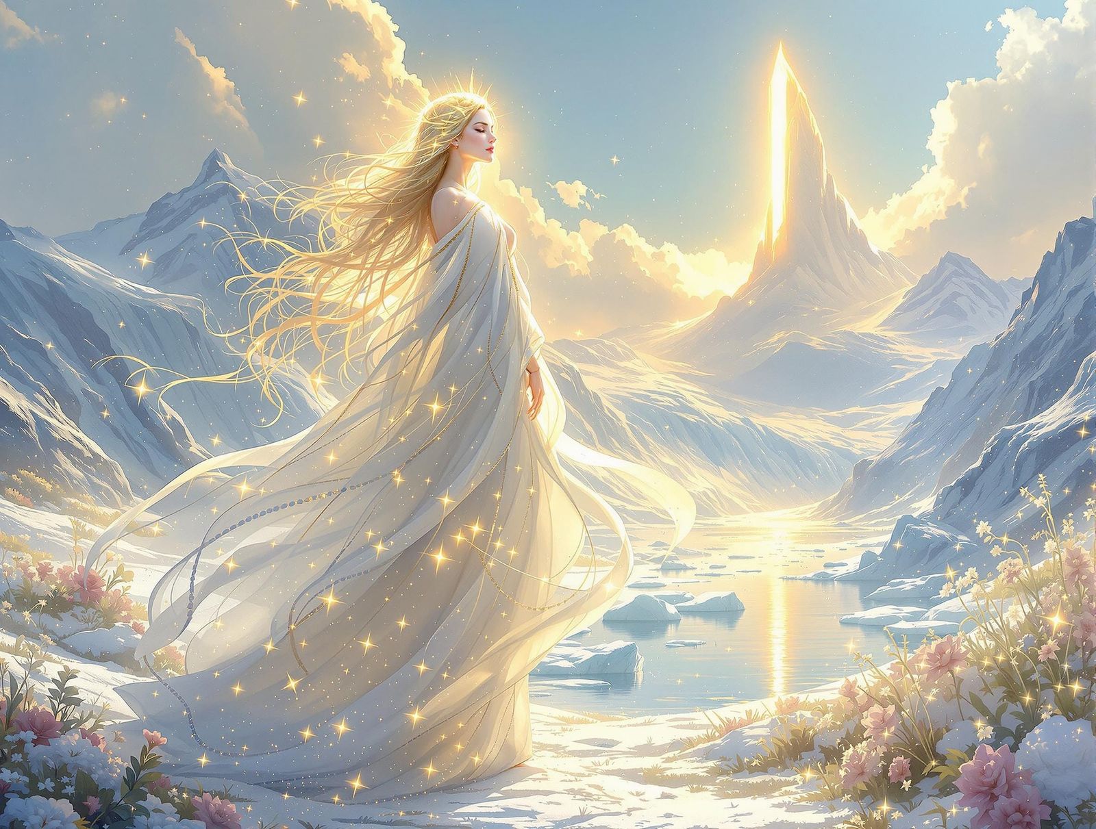Ethereal Goddess of Healing in Sunlit Landscape