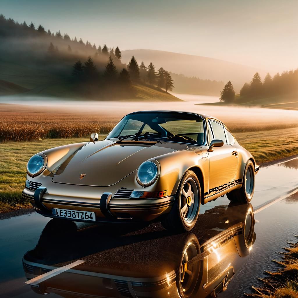 Model on Porsche in Misty Golden Hour Light