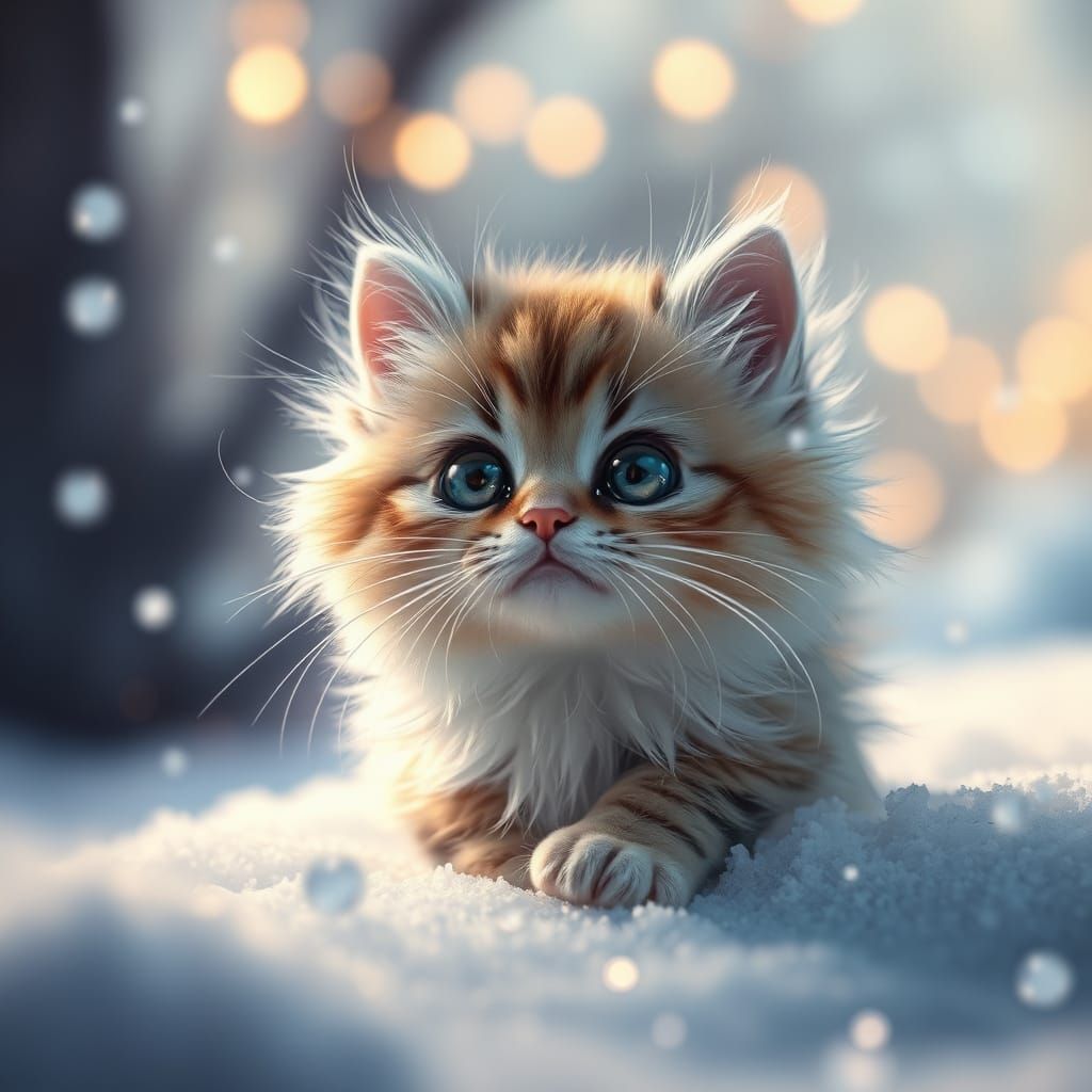 Whimsical Snow Kitty with Fluffy Texture and Sparkling Eyes ...