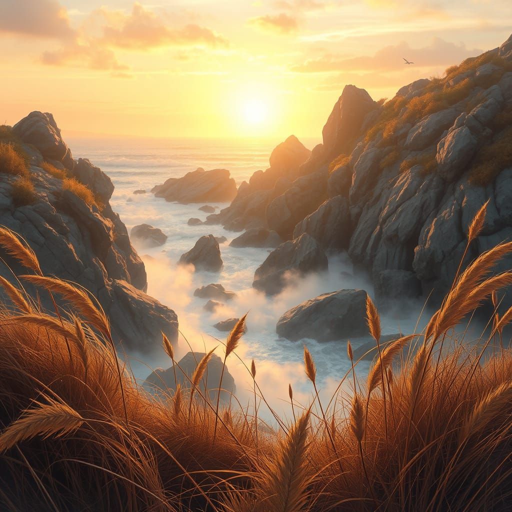 Autumn Coastline at Sunset, Fantasy Digital Painting