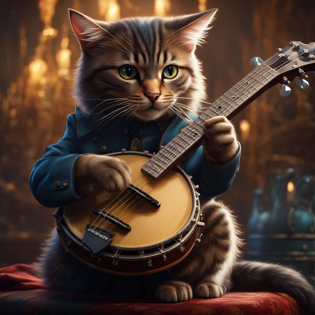 Cat Playing Banjo: Realistic Detailed Portrait