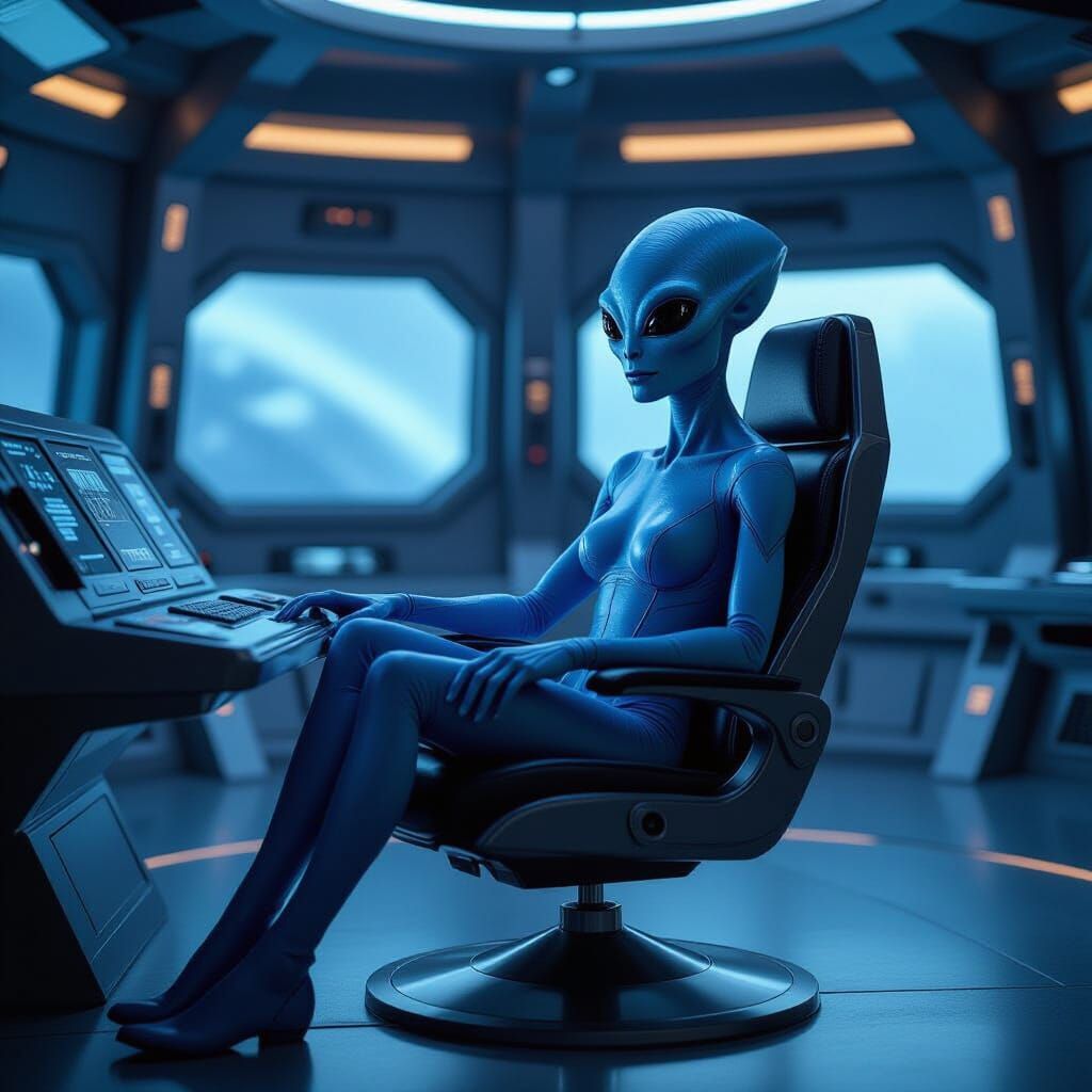 Blue Alien Pilot in Futuristic Spaceship