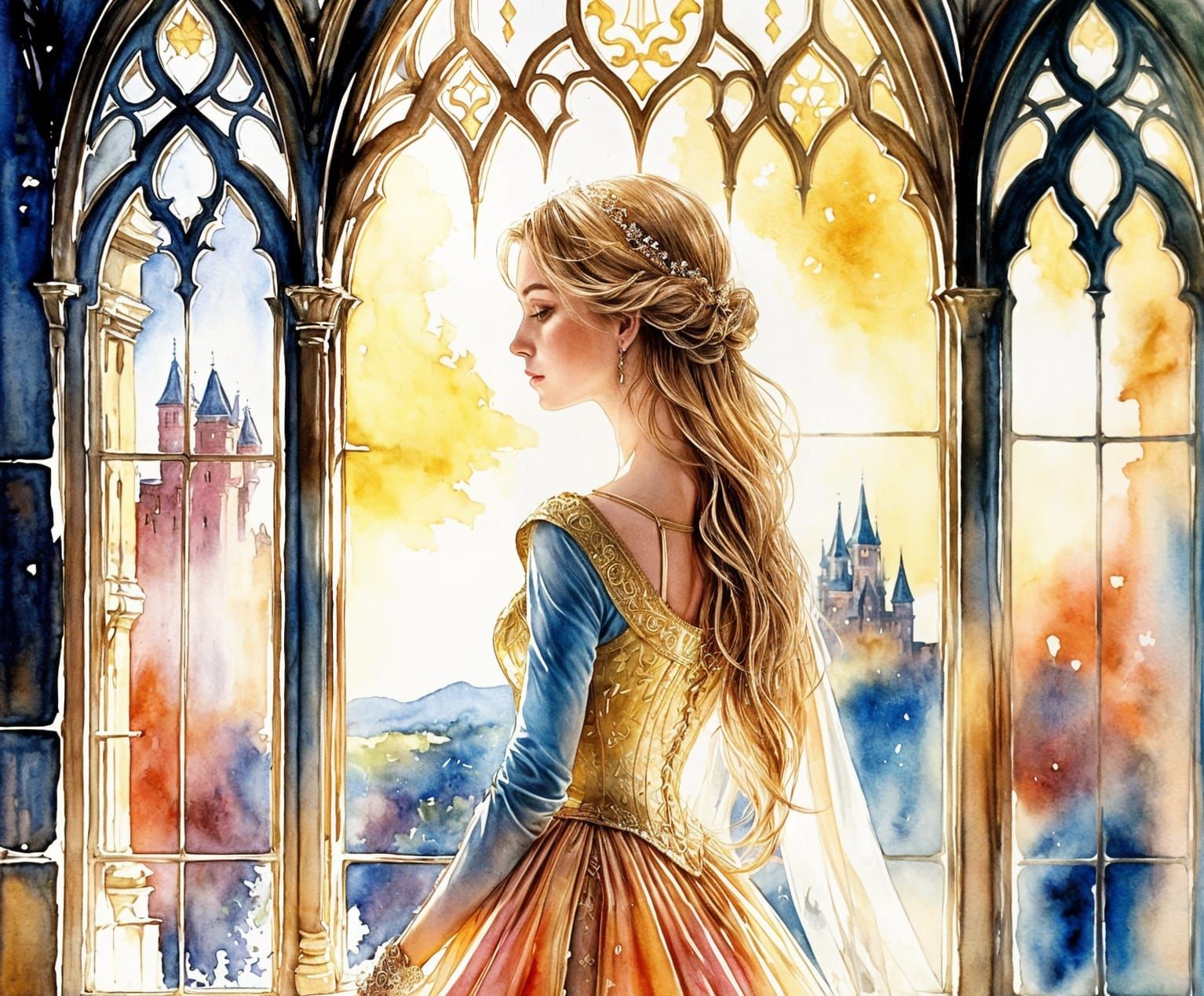 Watercolor Princess in Castle Window, Romantic European Styl...
