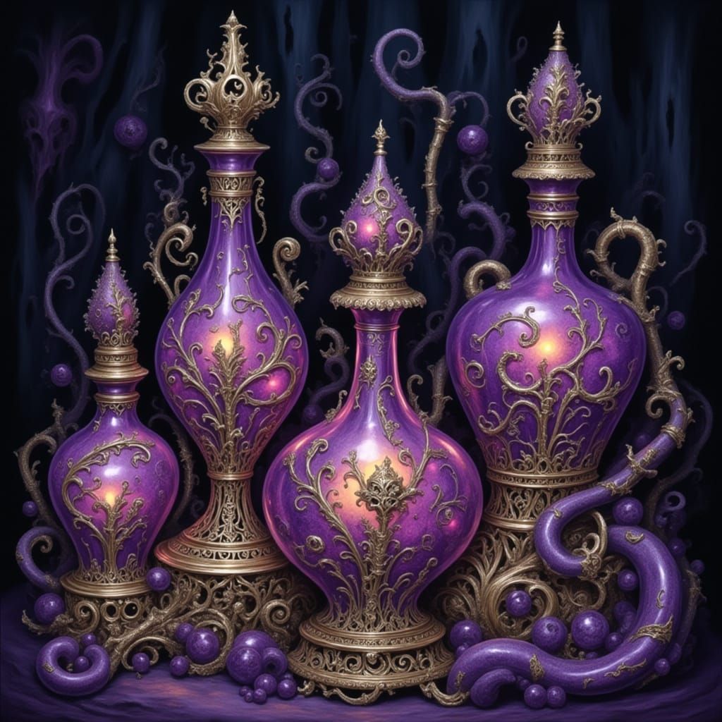 Ornate Baroque Potion Bottles in Ethereal Purple