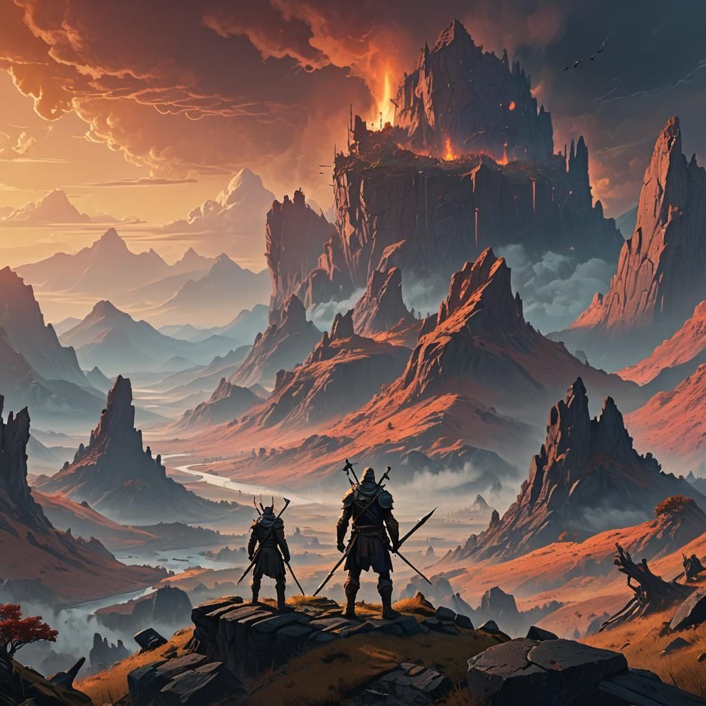 Heroic Warrior Victorious in Fantasy Landscape