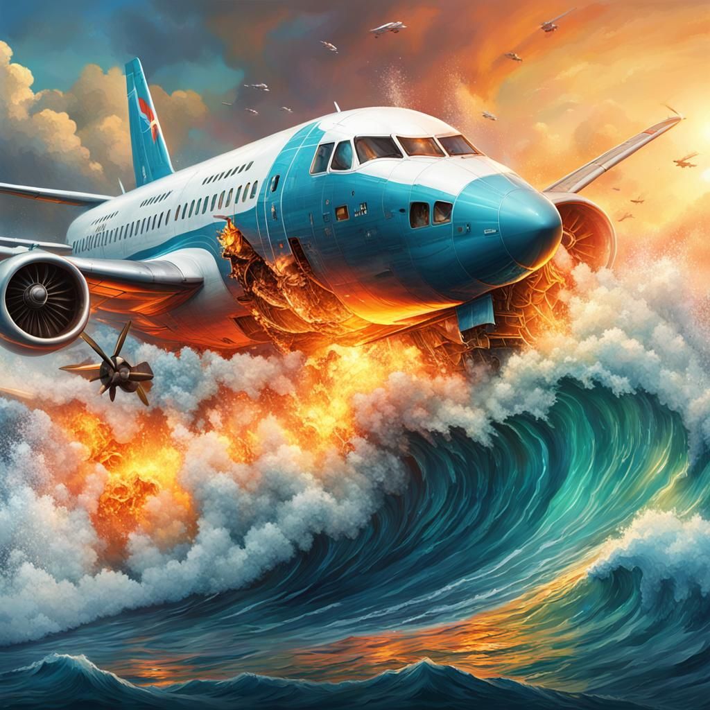 Hyperrealistic Plane Crash in Ocean with Fire