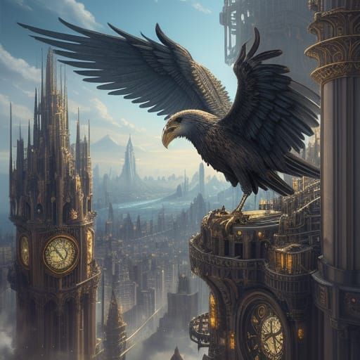 Steampunk Griffin Soars Over Metropolis
