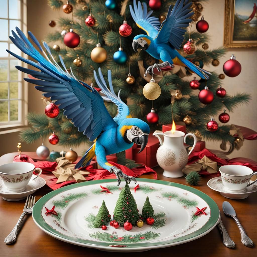 Hyperrealistic Macaws Celebrate Christmas, Surreal Oil Paint...