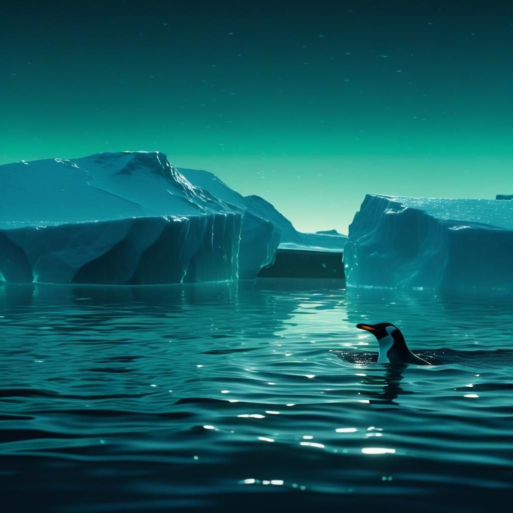 Penguin Swimming in Moonlight: Cinematic Film Still