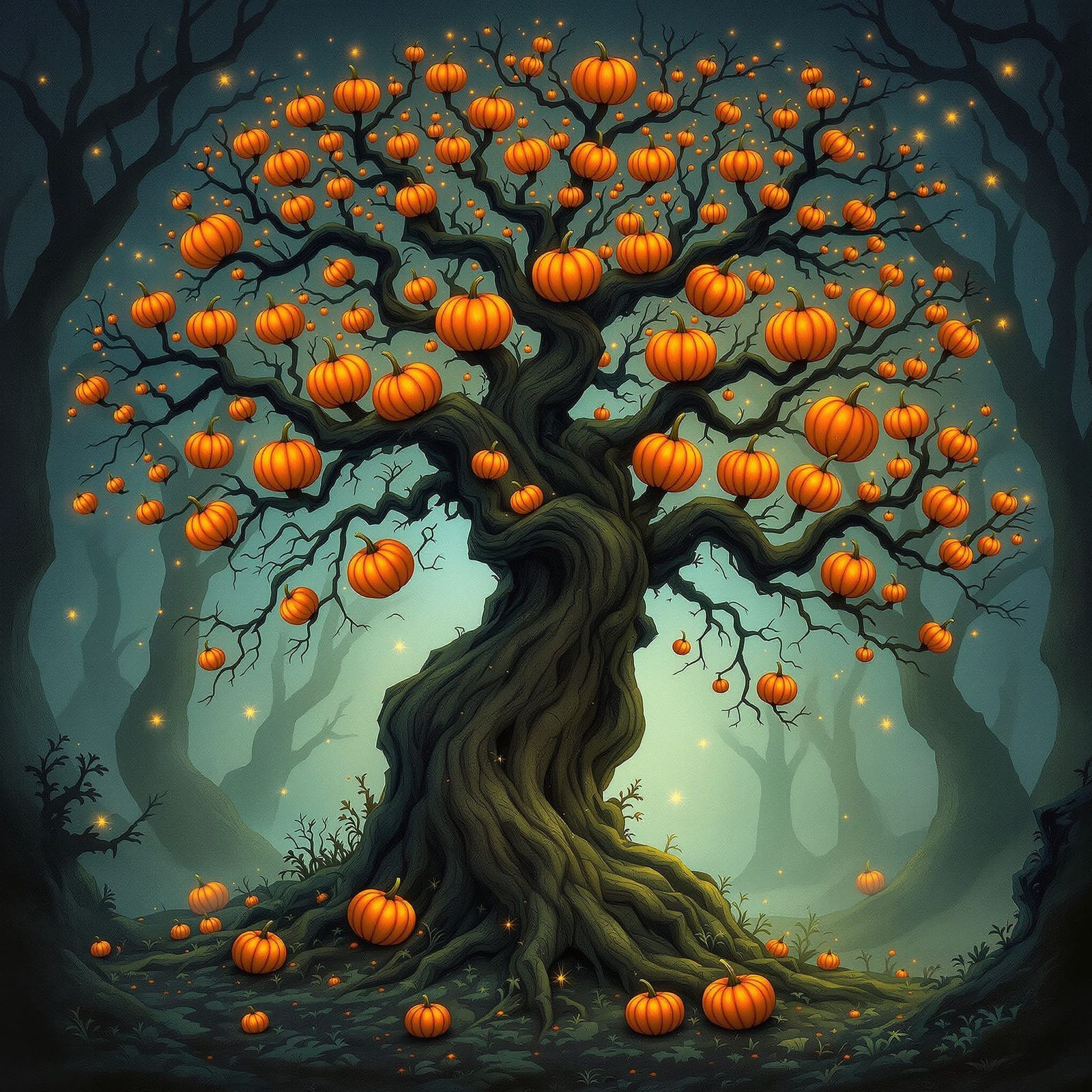A tree with pumpkins as fruit.