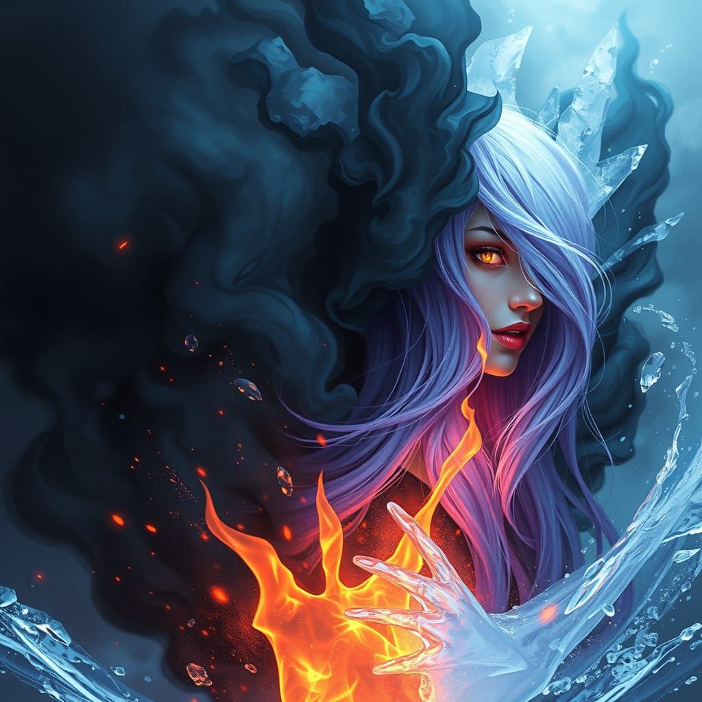 Hyperrealistic Ice Goddess with Lavender Hair and Firelit Ey...