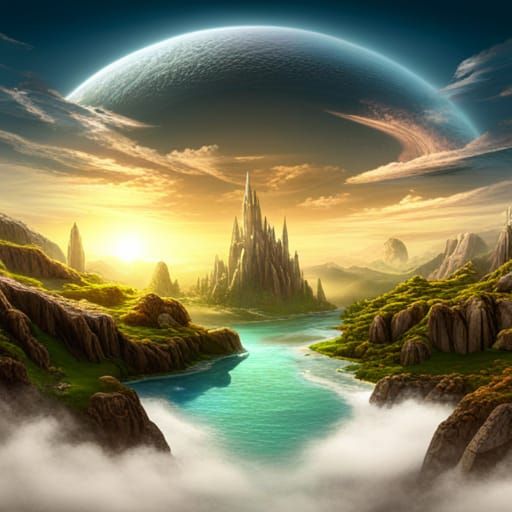 Vibrant Fantasy World with Ringed Moons and Floating Islands