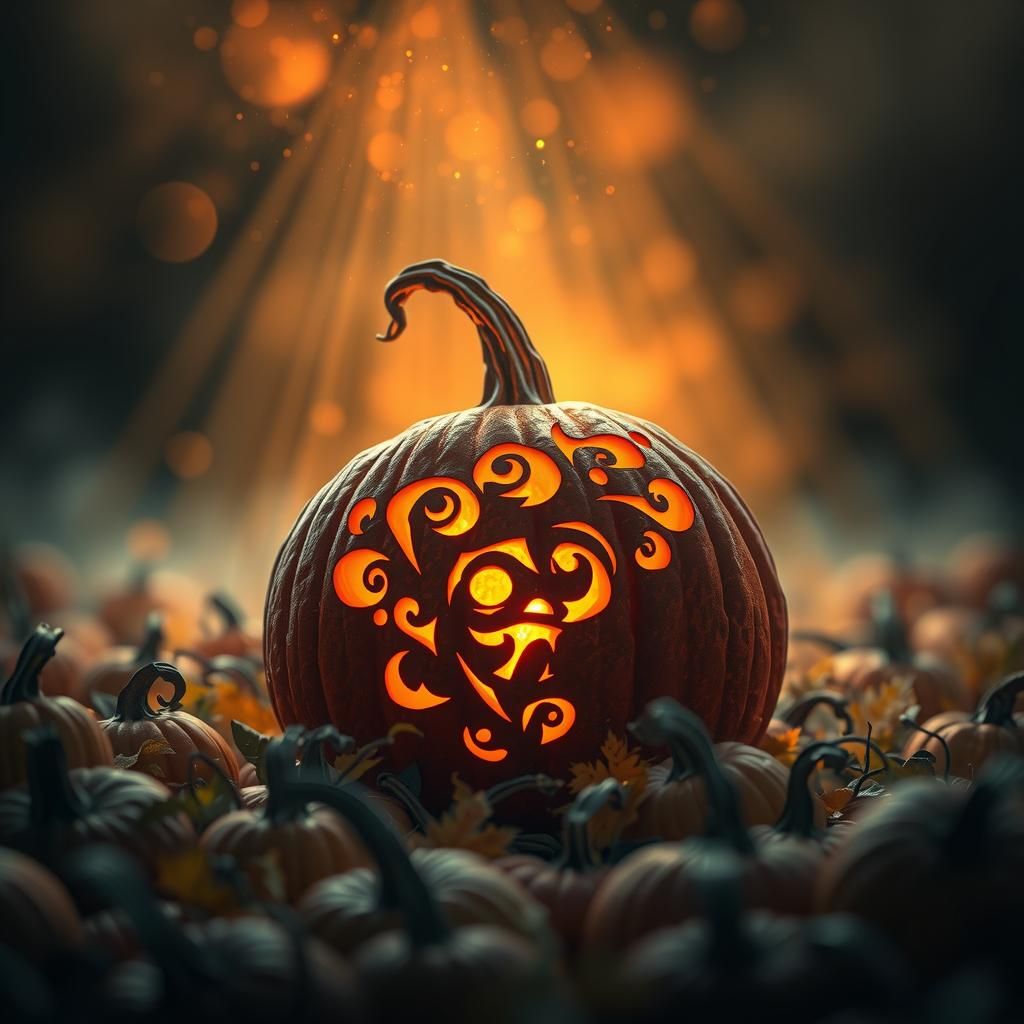 Mystical Glowing Gourd in Autumnal Pumpkin Field