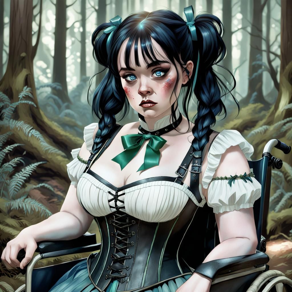 Sad Warrior Girl in Wheelchair Ready for Battle