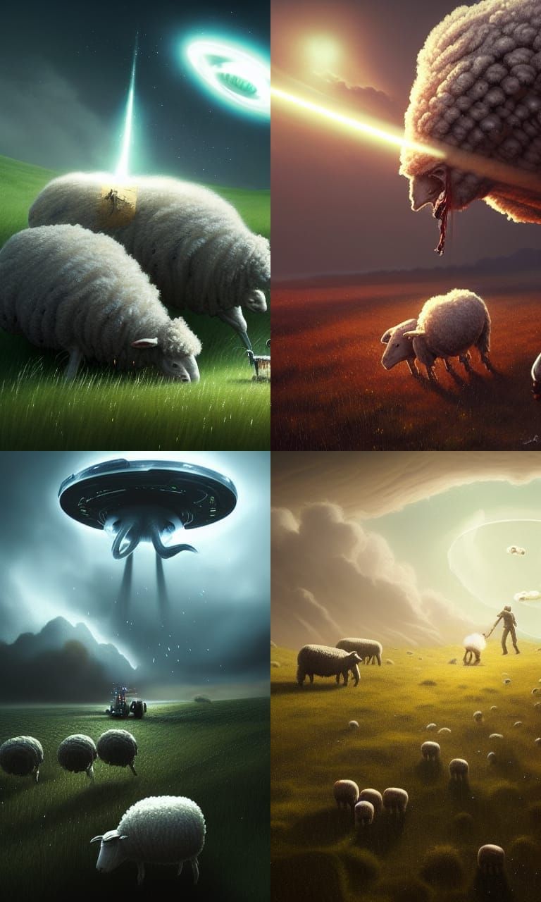 UFO Abduction of Sheep in Dark Fantasy Style