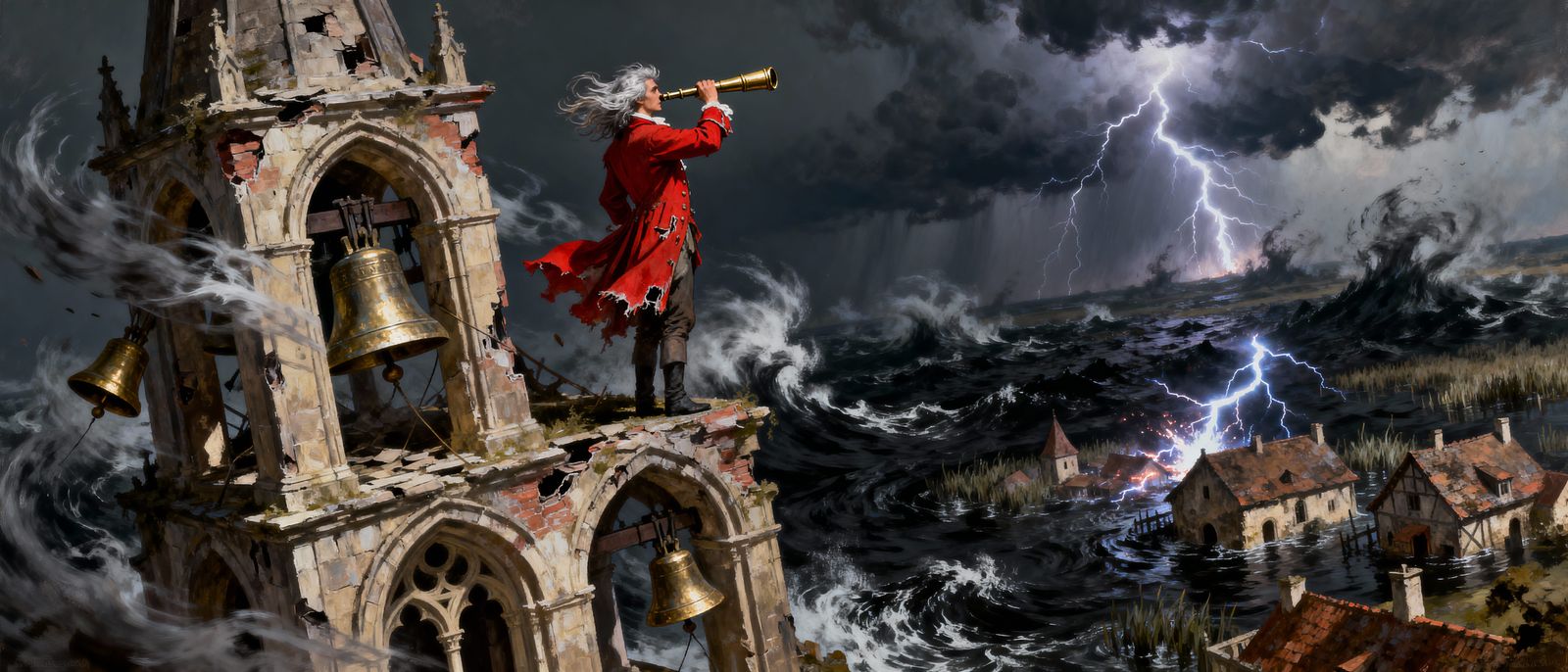 Lone Figure on Gothic Tower in Lightning Storm Oil Painting