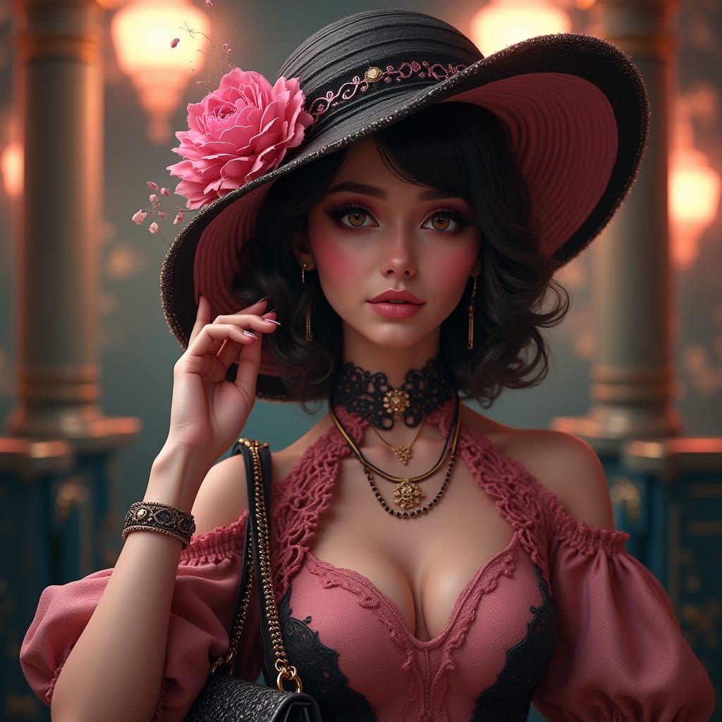 Glamorous Woman with Hat in Art Nouveau Style