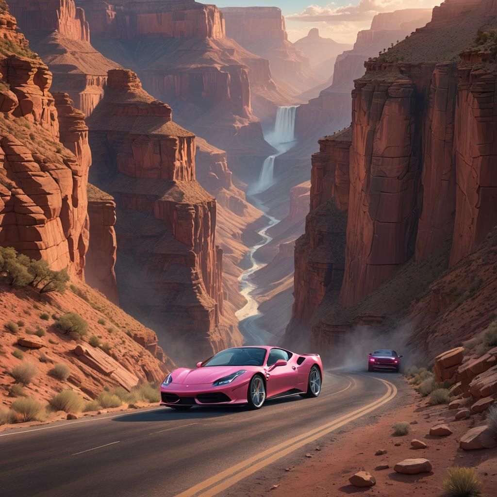 Pink Ferrari Speeds Through Grand Canyon: Digital Art