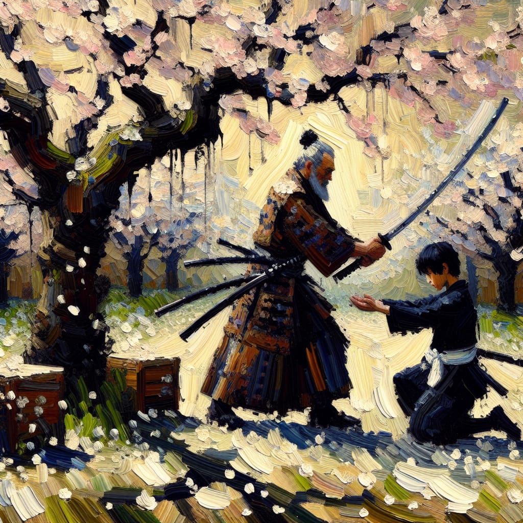 Samurai Legacy: Expressionist Cherry Blossom Scene