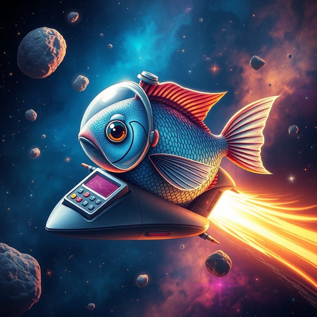 Fish Pilot Navigating Spaceship Through Cosmos