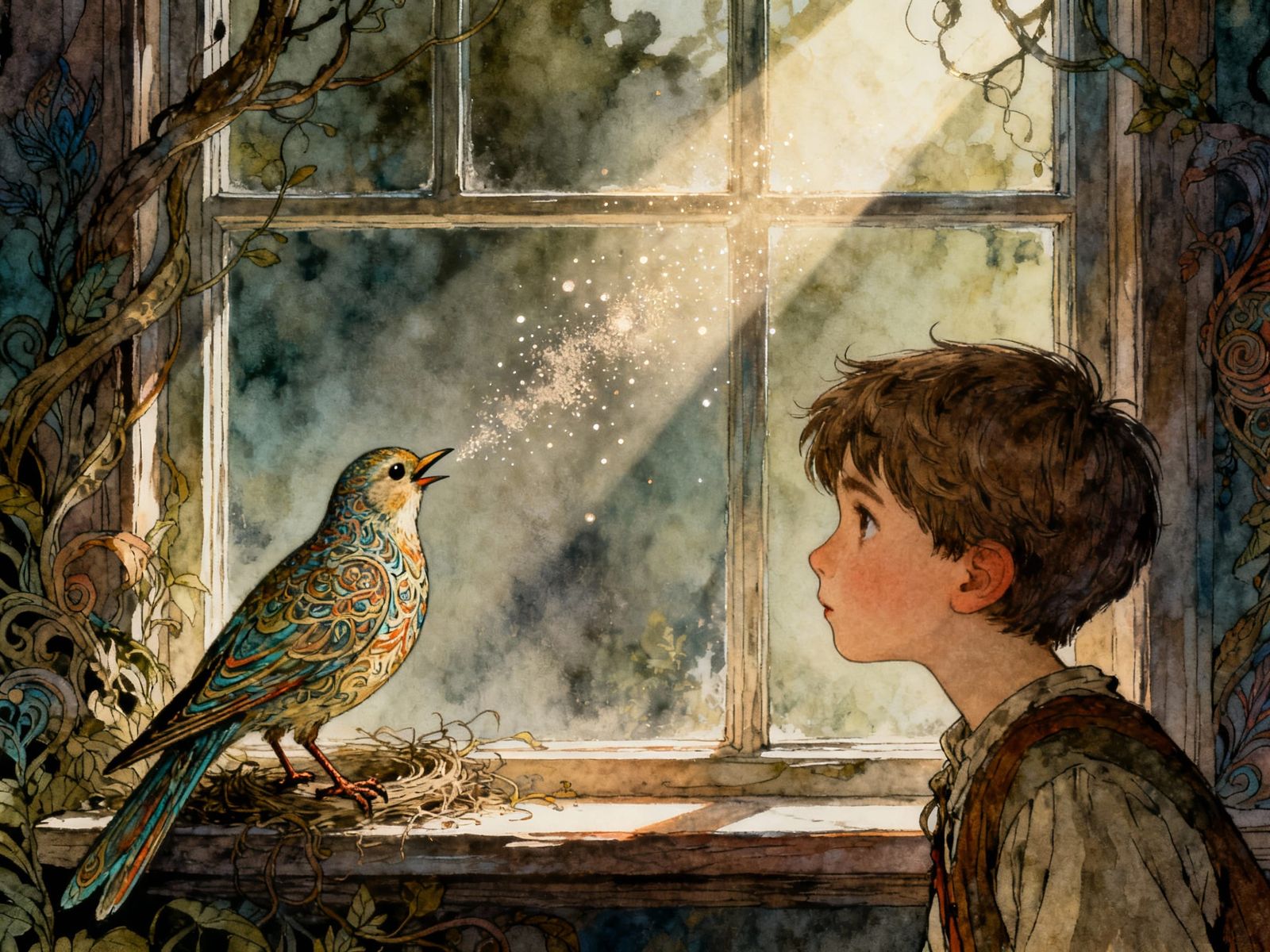 Boy and Singing Bird by Window, Fantastical Illustration Sty...