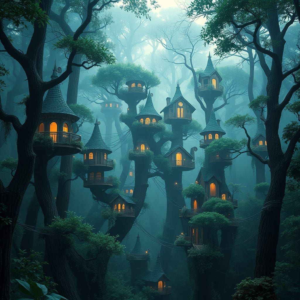 Whimsical Treehouse City in Mystical Forest