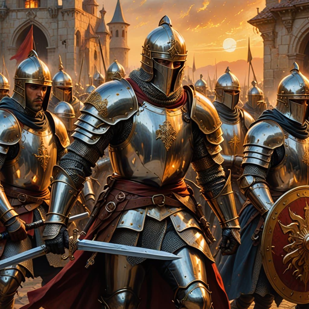 Epic Knights Clash in Sunset Splendor, Fantasy Art