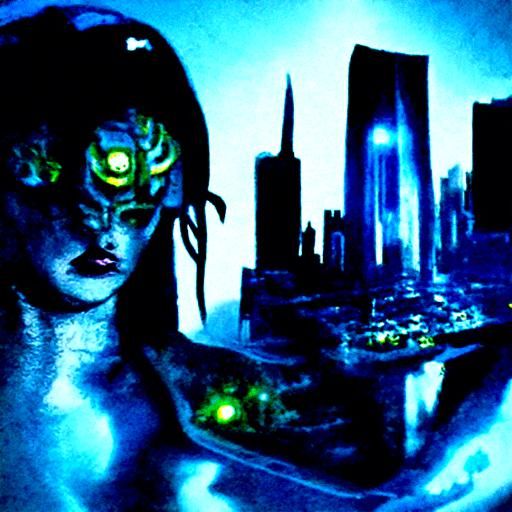 Cyberpunk Nymph in Mythological Cityscape