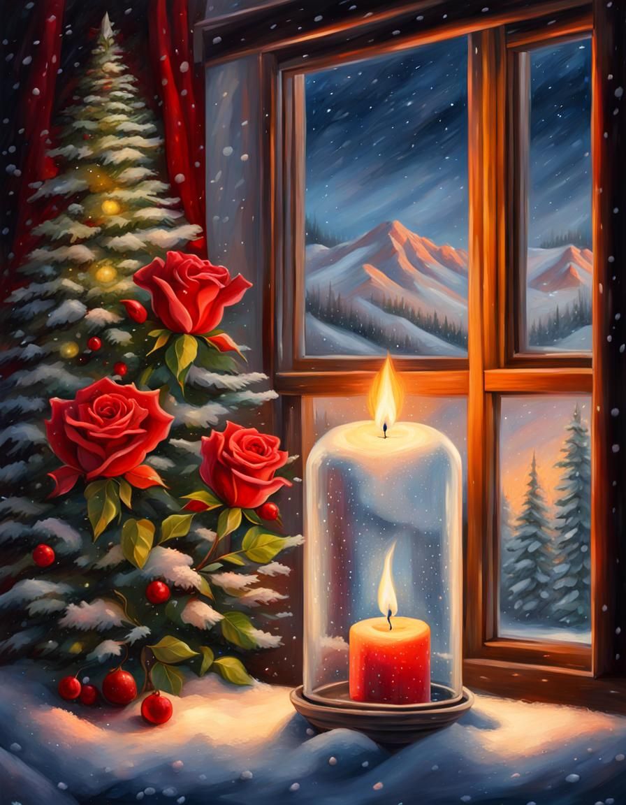 Christmas Candle and Winter Scene Oil Painting