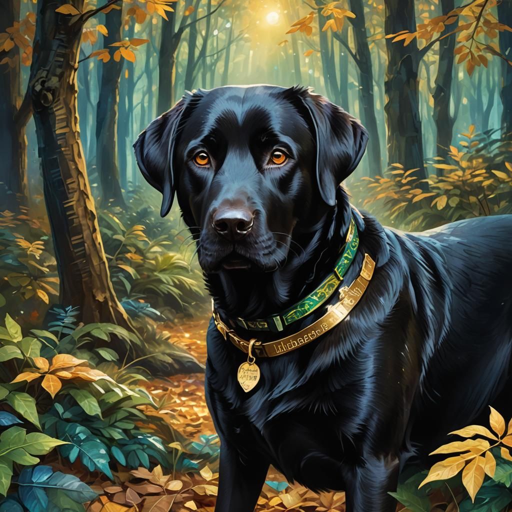 Labrador Portrait in Mystical Forest, Digital Art