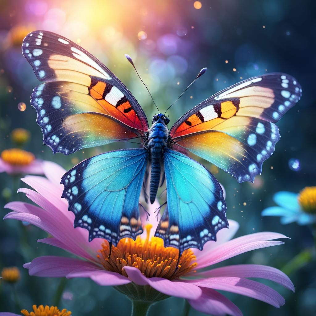 Ethereal Butterfly Resting on Flower in Bright Colors