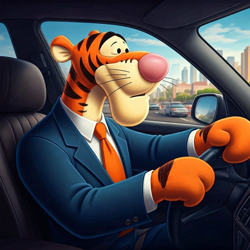 Energetic Tigger Struggles in City Traffic