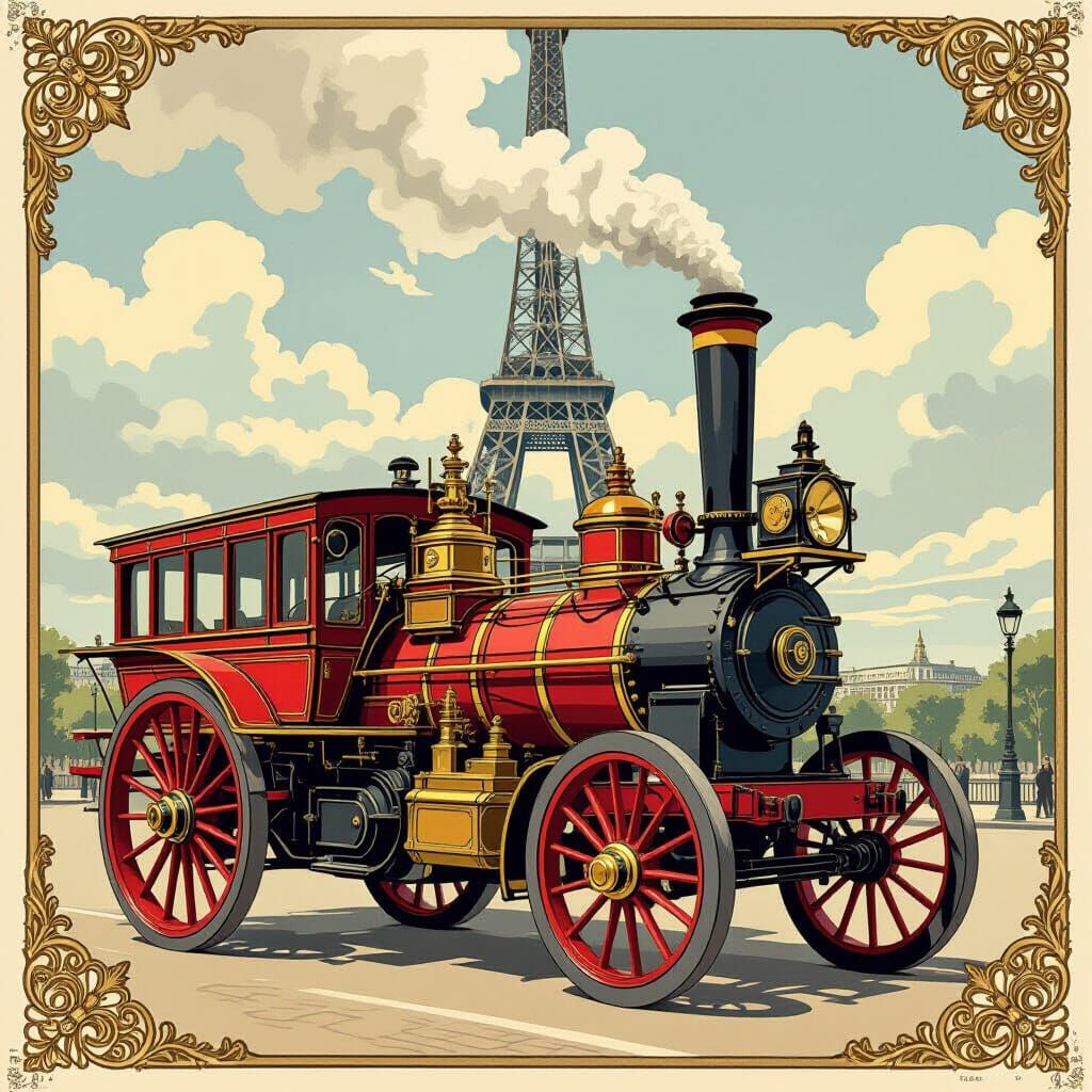 Eiffel Tower Steam Pumper in Illustrated Postcard Style