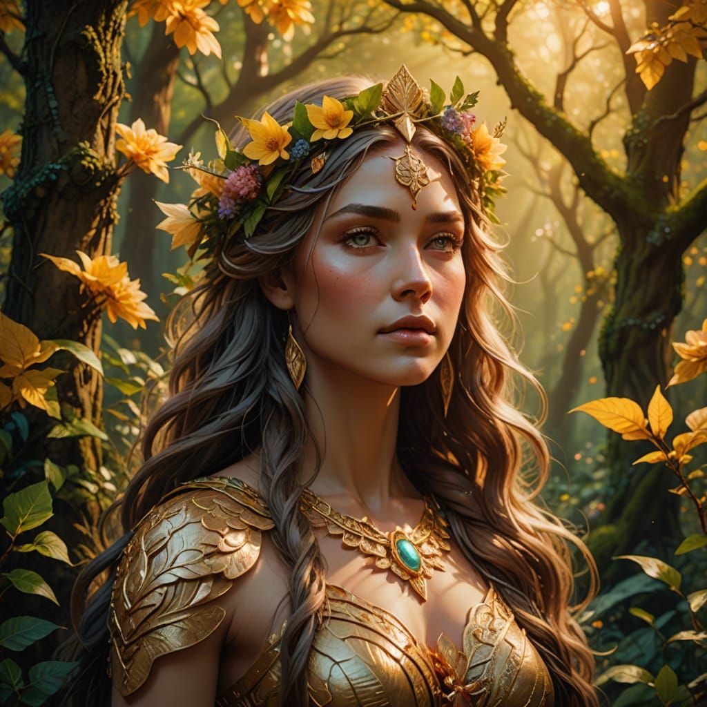 Surreal Goddess of the Earth in Vibrant Forest Landscape