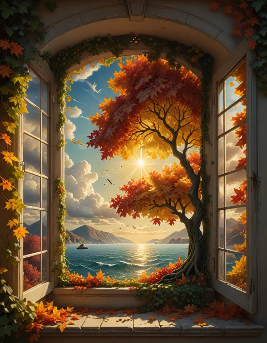 Autumn Sea Portrait with Acer Tree and Ivy Window