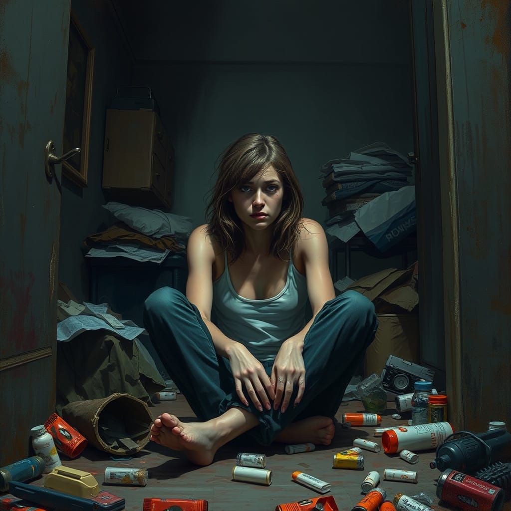 Young Woman Struggling with Addiction in Gritty Realism Styl...
