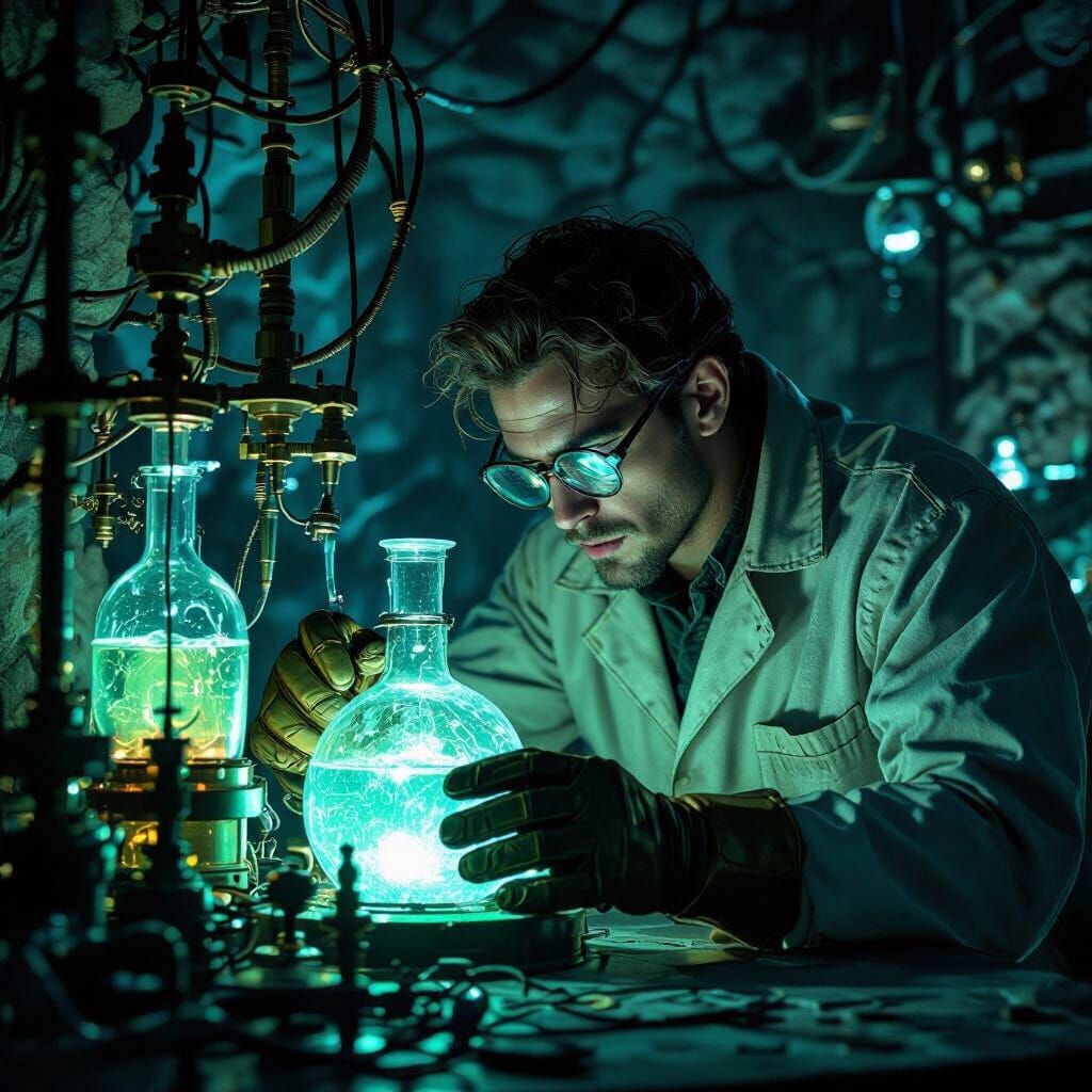 Scientist in Dimly Lit Biomechanical Steampunk Laboratory